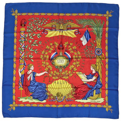 エルメス カレ 90 LIBERTE EGALITE FRATERNITE REPUBLIQUE FRANCAISE 1789 1789年フランス革命を記念して スカーフ シルク ブルー レッド マルチカラー レディース 【中古】brbag