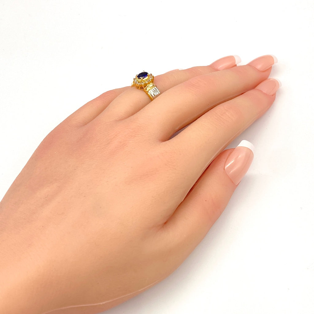 サファイア デザインリング YG イエローゴールド プラチナ 指輪 メレダイヤ ダイヤモンド リング 10.5号 K18 Pt900 サファイア レディース 【中古】nbjwl