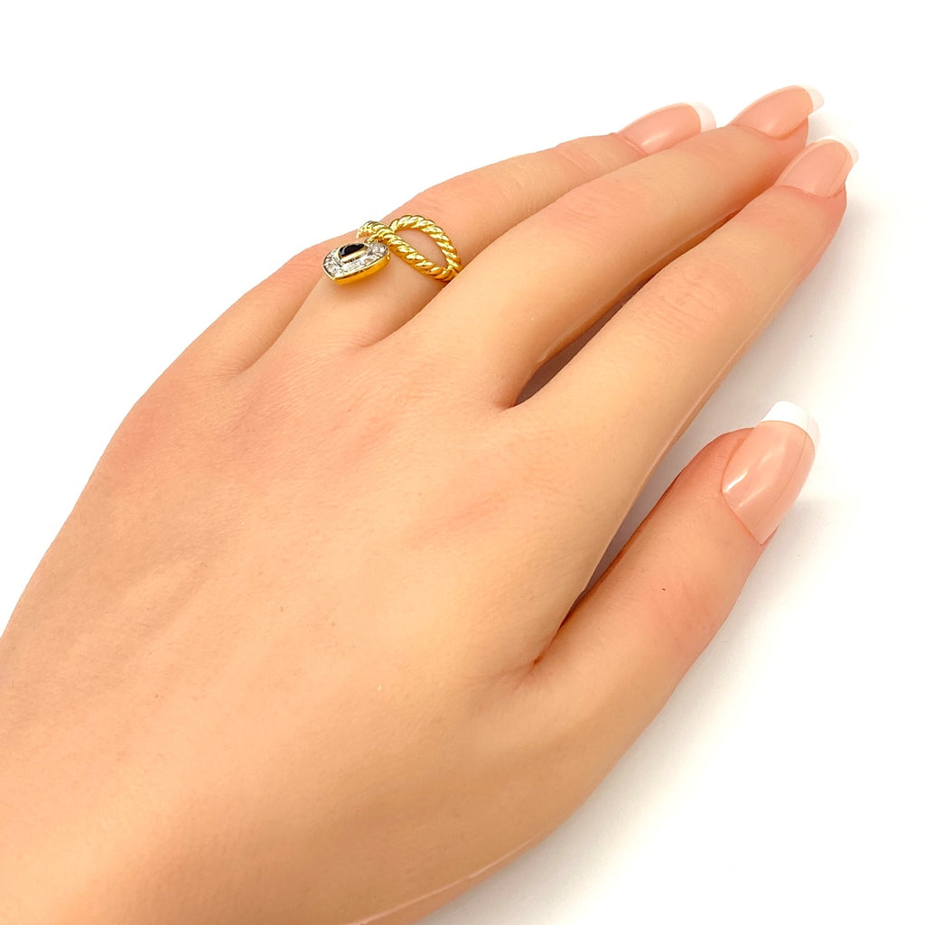 ハートモチーフ デザインリング YG イエローゴールド 指輪 サファイア メレダイヤ スイング リング 10.5号 K18 サファイア ダイヤモンド レディース 【中古】nbjwl