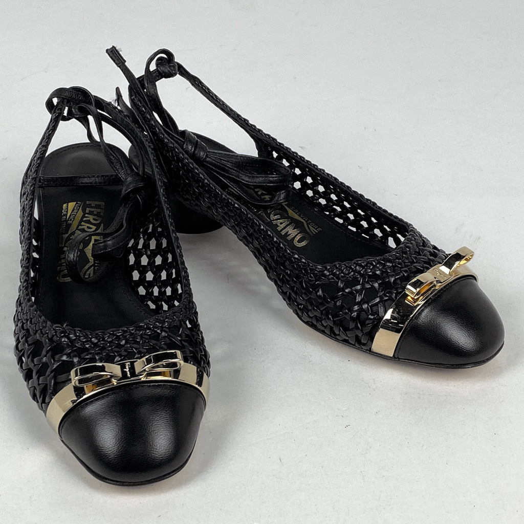 サルヴァトーレフェラガモ ヴァラリボン パンプス アンクルストラップ メッシュ 靴 パンプス レザー ブラック レディース 【中古】brapp