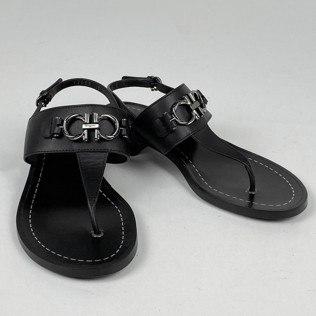 サルヴァトーレフェラガモ ダブルガンチーニ トングサンダル 靴 サンダル レザー ブラック レディース 【中古】brapp