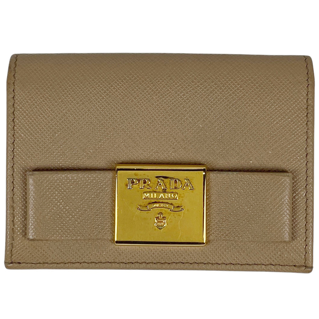 プラダ ロゴ カードケース リボン カード入れ カードケース サフィアーノレザー ベージュ レディース 【中古】brbag
