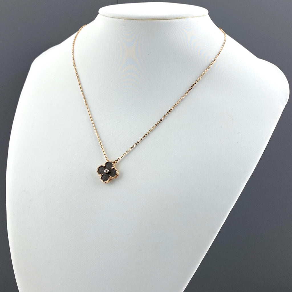ヴァンクリーフ＆アーペル ヴィンテージ アルハンブラ ネックレス K18 ピンクゴールド ペンダント 750 1P メレダイヤ ネックレス PG ダイヤモンド シルバーオブシディアン レディース 【中古】 
 ラッピング可
