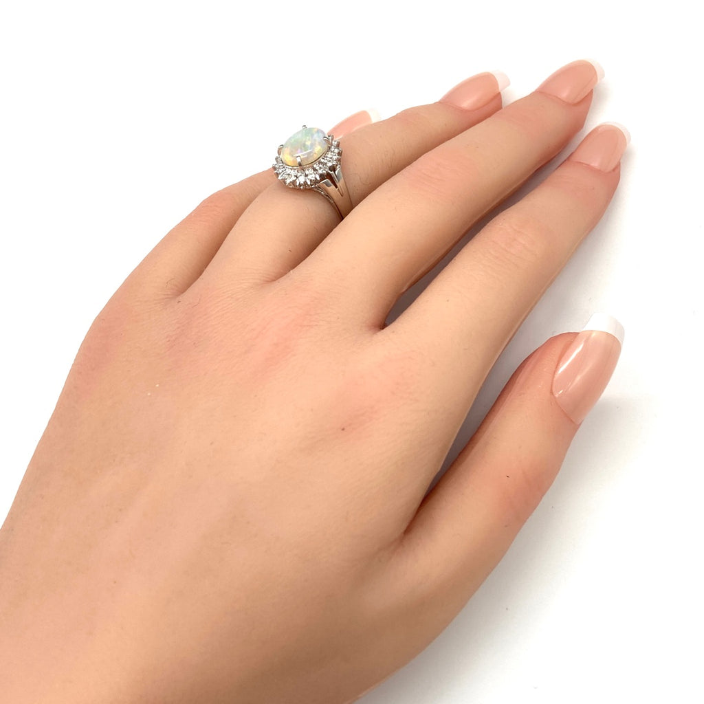 オパール デザインリング プラチナ 指輪 メレダイヤ リング 10号 Pt900 オパール ダイヤモンド レディース 【中古】nbjwl