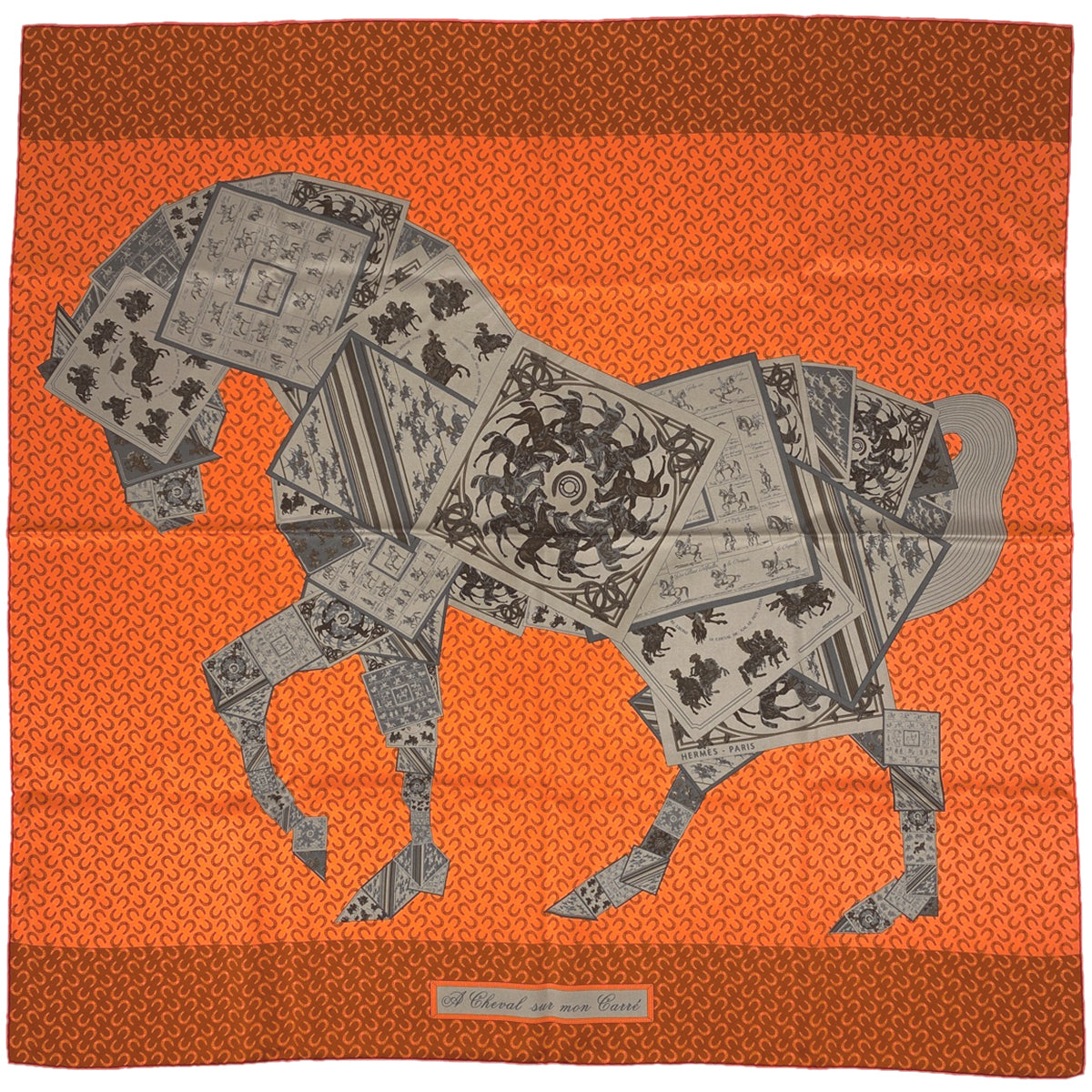 エルメス カレ 90 A CHEVAL SUR MON CARRE カレの馬に乗って スカーフ シルク オレンジ レディース 【中古】, ラッピング可