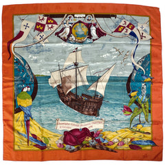 エルメス カレ 90 Christophe Colomb decouvre 1 Amerique 12 Octobre 1492 クリストファー コロンブス スカーフ シルク オレンジ マルチカラー レディース 【中古】brbag