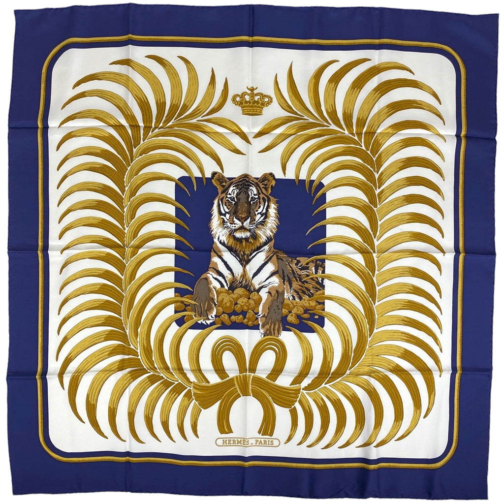 エルメス カレ 90 TIGRE ROYAL 王者の虎 スカーフ シルク ネイビー ゴールド ベージュ レディース 【中古】 ラッピング可