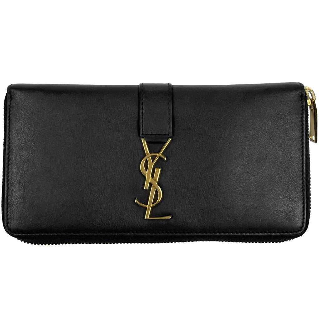 サンローラン ジップアラウンド ウォレット ロゴ YSL ラウンドファスナー 長財布 レザー ブラック 414570  レディース 【中古】 ラッピング可