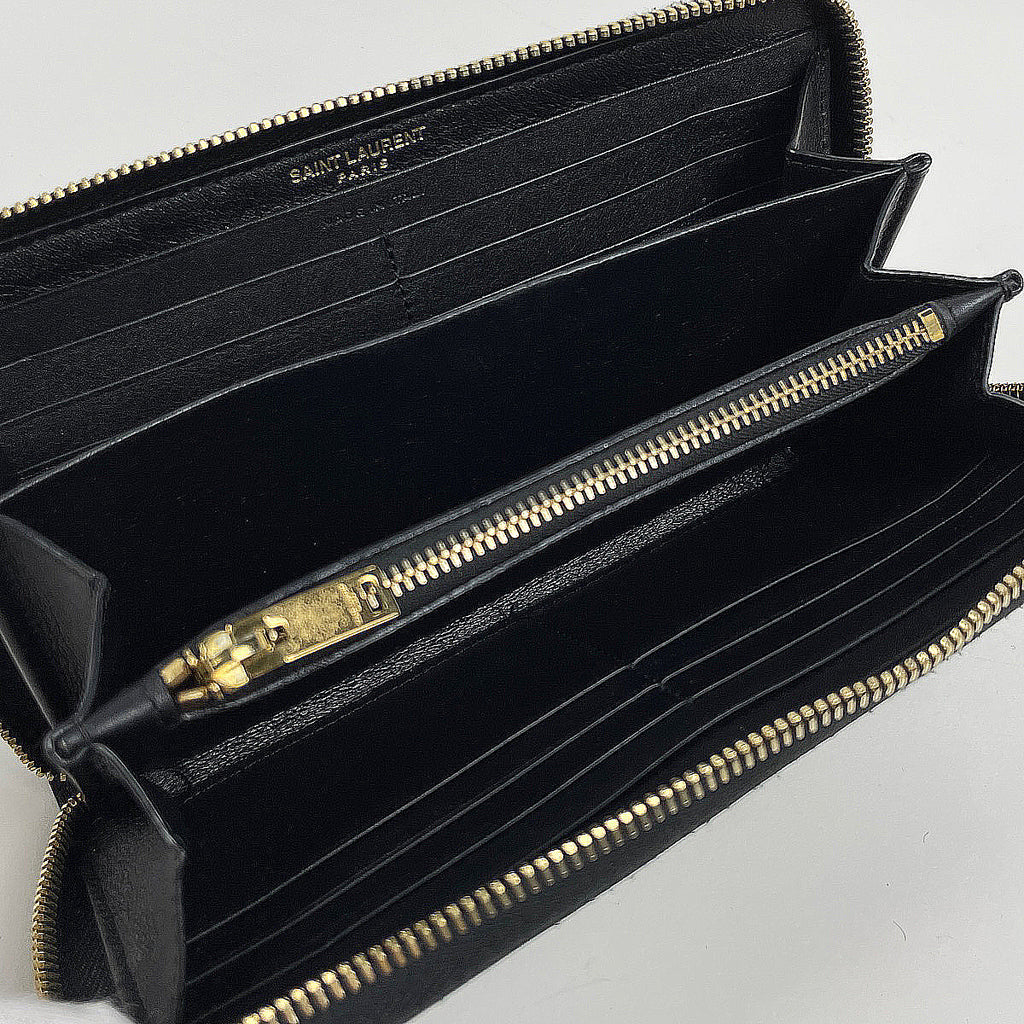 サンローラン ジップアラウンド ウォレット ロゴ YSL ラウンドファスナー 長財布 レザー ブラック 414570  レディース 【中古】 ラッピング可