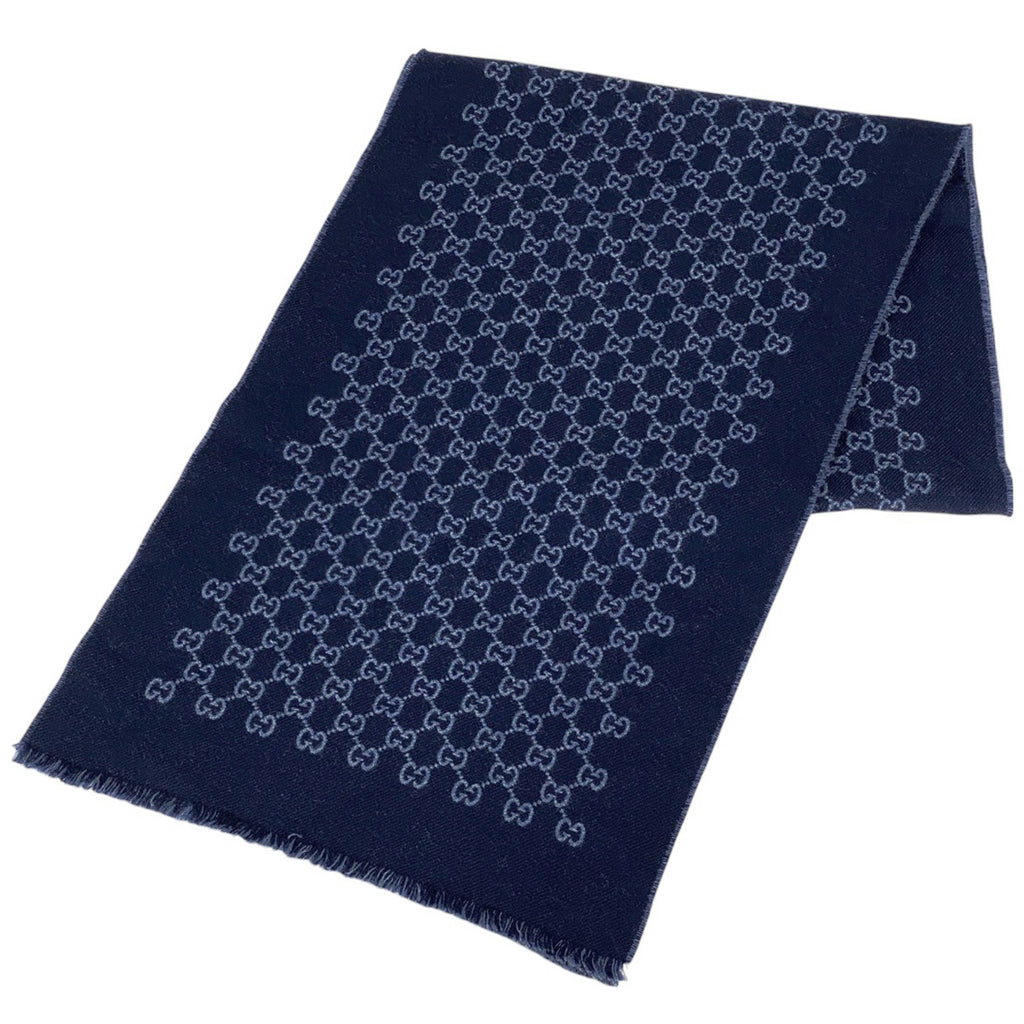 グッチ ロゴ マフラー 総柄 フリンジ マフラー ウール ネイビー レディース 【中古】brbag