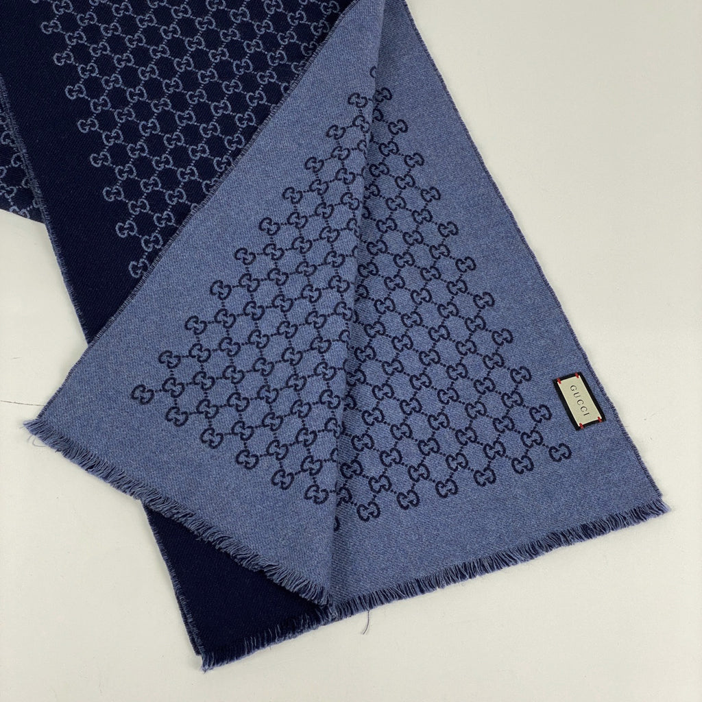 グッチ ロゴ マフラー 総柄 フリンジ マフラー ウール ネイビー レディース 【中古】brbag