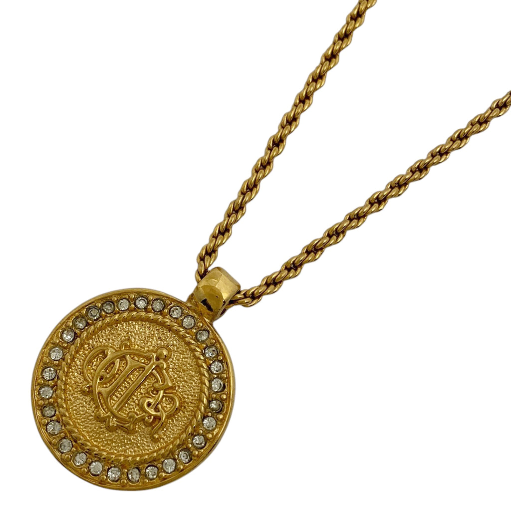 クリスチャンディオール ロゴ ラインストーン ネックレス ラウンド エンブレム ネックレス GP ゴールド レディース 【中古】 bracc