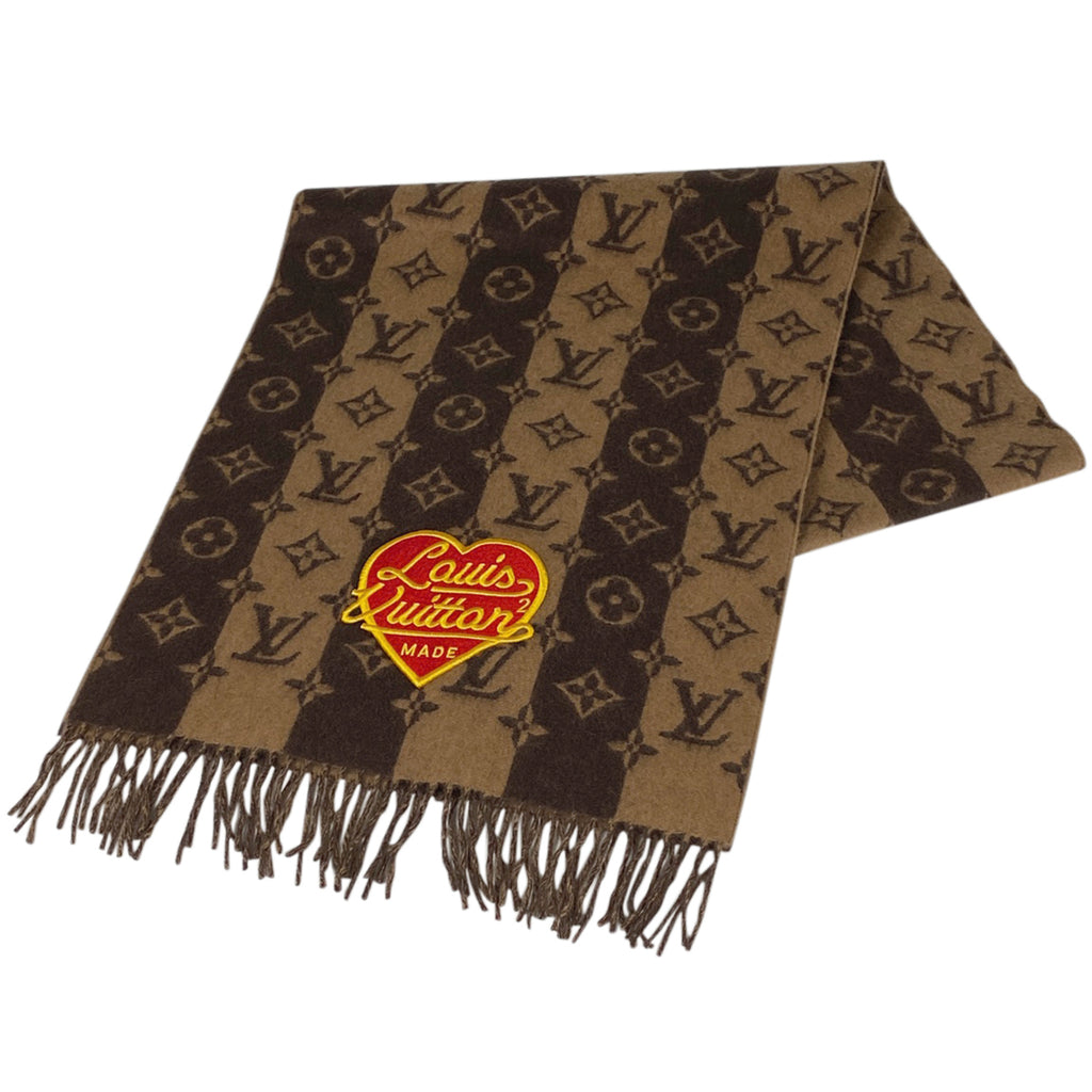 ルイ・ヴィトン NIGO エシャルプ LV MADE マフラー ストライプ モノグラム フリンジ マフラー カシミヤ ブラウン レディース 【中古】 ラッピング可