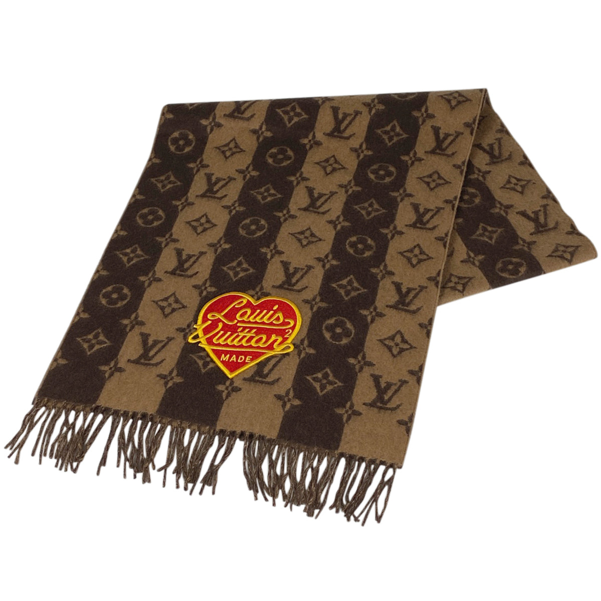 【バイセル公式】ルイ・ヴィトン NIGO エシャルプ LV MADE マフラー ストライプ モノグラム フリンジ マフラー カシミヤ ブラウン  レディース 【中古】 ラッピング可 - バイセルブランシェ