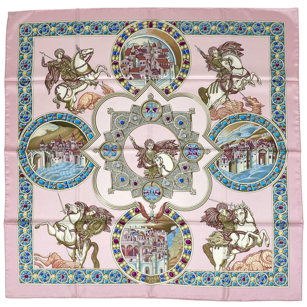 エルメス カレ 90 LE TRIOMPHE DU PALADIN 正義の騎士の勝利 スカーフ シルク ピンク マルチカラー レディース 【中古】brbag