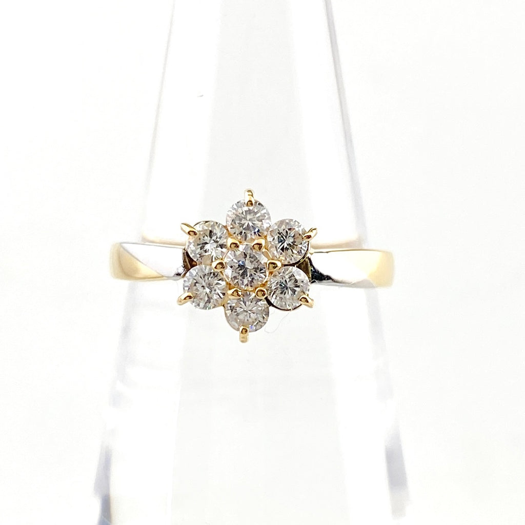 フラワーモチーフ デザインリング YG イエローゴールド プラチナ 指輪 メレダイヤ 花 リング 9.5号 K18 Pt900 ダイヤモンド レディース 【中古】nbjwl