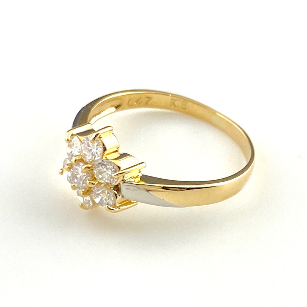 フラワーモチーフ デザインリング YG イエローゴールド プラチナ 指輪 メレダイヤ 花 リング 9.5号 K18 Pt900 ダイヤモンド レディース 【中古】nbjwl