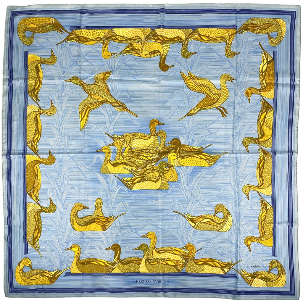 【最終値引き】 エルメス カレ 90 Mare aux Canards アヒルの池 スカーフ シルク ライトブルー レディース 【中古】 brbag