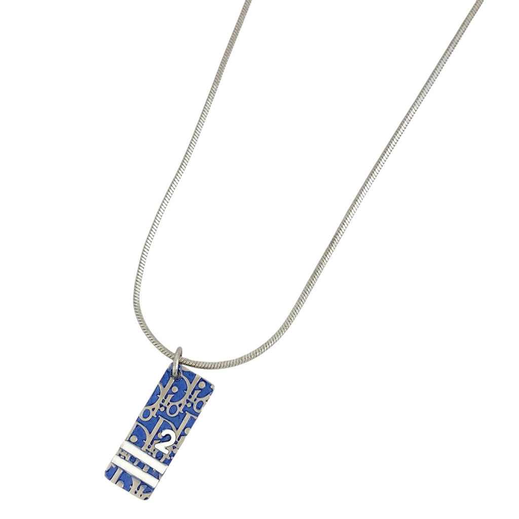 クリスチャンディオール ロゴ プレート ネックレス トロッター柄 ネックレス シルバーメッキ ブルー シルバー レディース 【中古】bracc