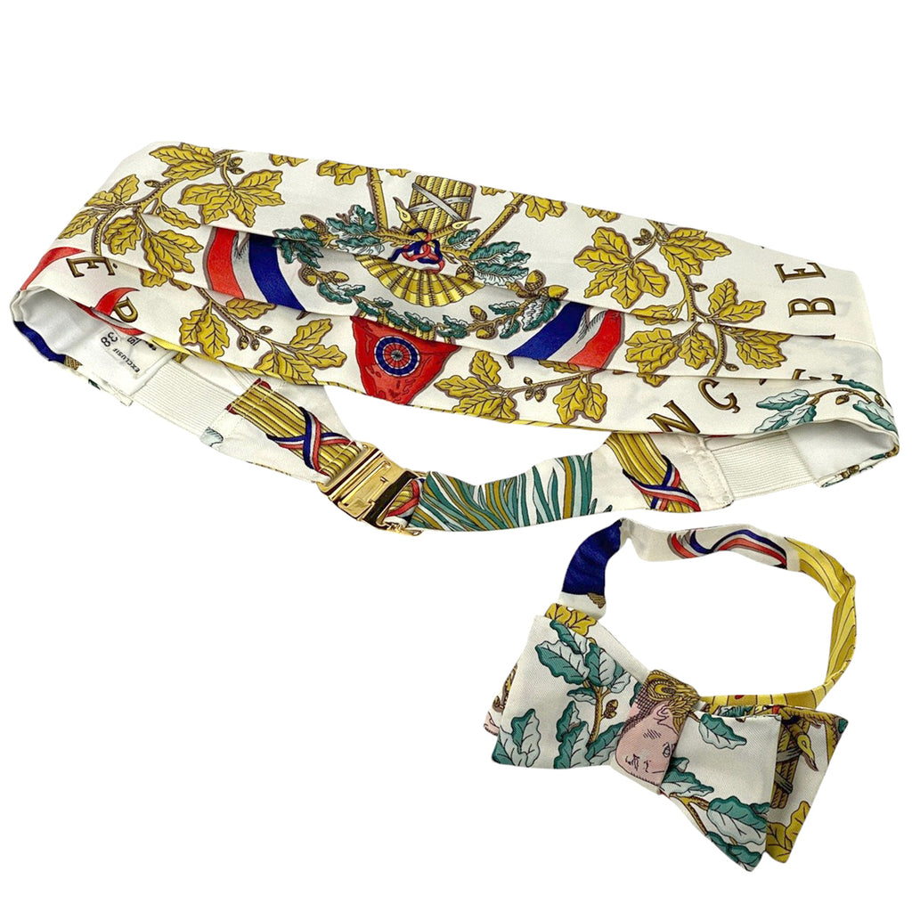 エルメス カマーバンド 蝶ネクタイ セット ボウタイ ベルト シルク ホワイト ゴールド マルチカラー メンズ 【中古】 brbag
