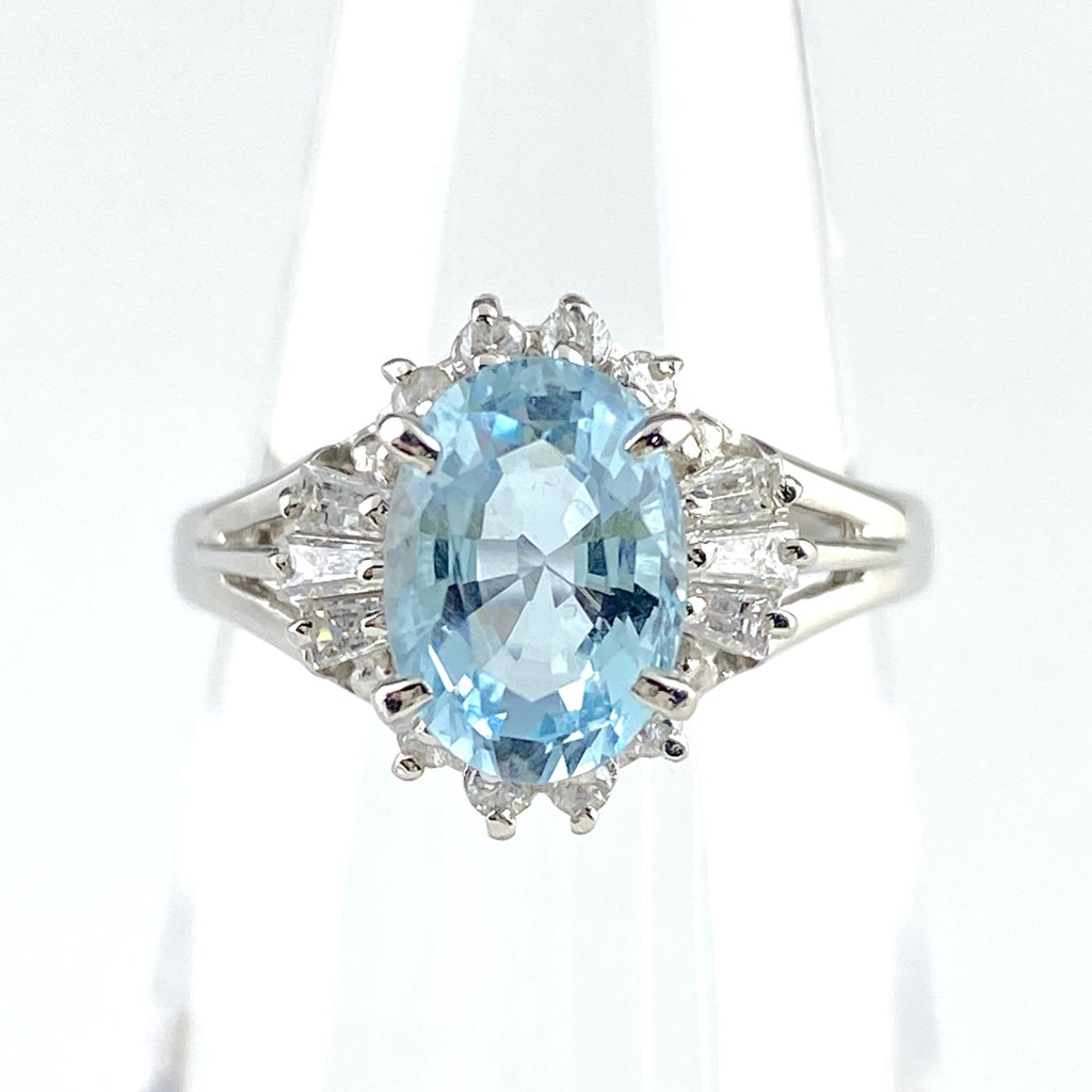 アクアマリン デザインリング プラチナ 指輪 メレダイヤ リング 11.5号 Pt900 アクアマリン ダイヤモンド レディース 【中古】 nbjwl