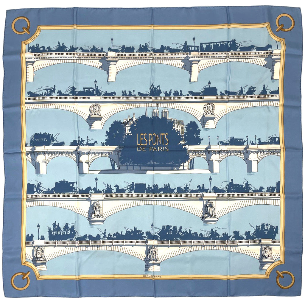 エルメス カレ 90 LES PONTS DE PARIS パリの橋 スカーフ シルク ライトブルー ホワイト レディース 【中古】brbag
