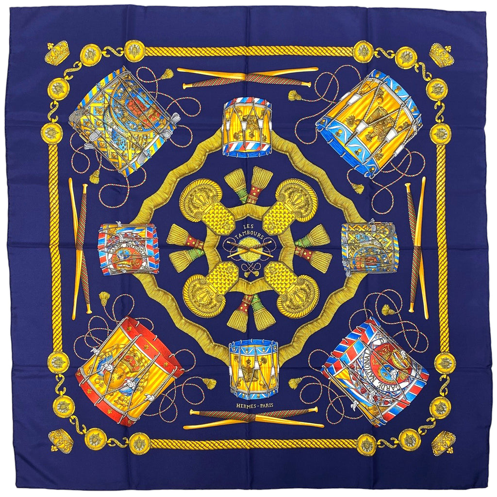 エルメス カレ 90 LES TAMBOURS タンブールの太鼓 王冠 スカーフ シルク ネイビー マルチカラー レディース 【中古】brbag