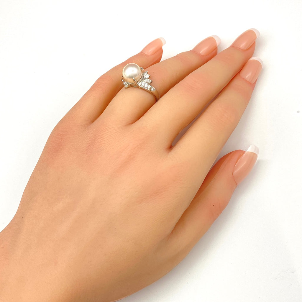 パール デザインリング プラチナ 指輪 メレダイヤ 真珠 リング 9号 Pt900 パール ダイヤモンド レディース 【中古】nbjwl