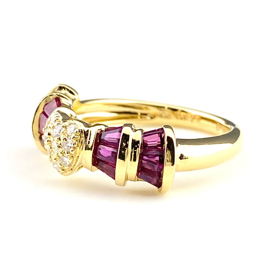 ルビー デザインリング YG イエローゴールド メレダイヤ 指輪 リング 8号 K18 ルビー ダイヤモンド レディース 【中古】nbjwl