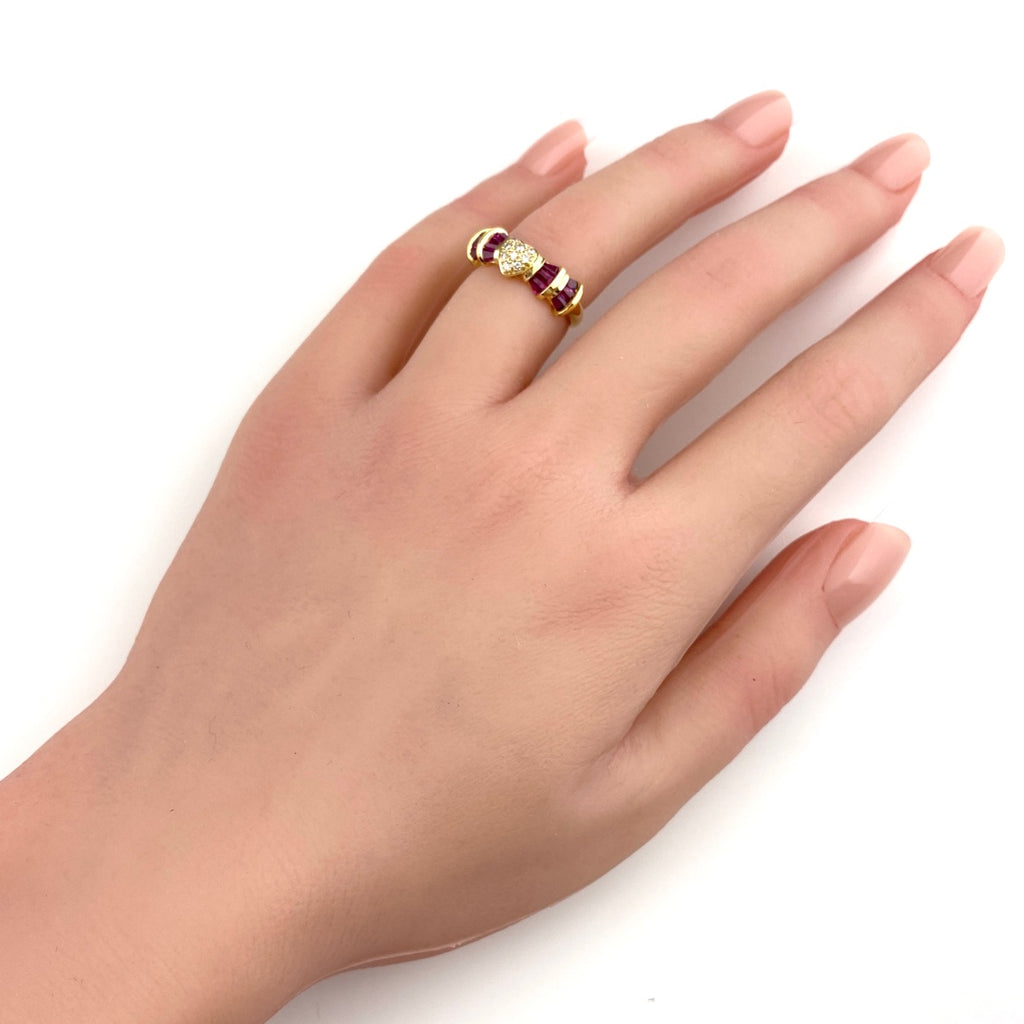 ルビー デザインリング YG イエローゴールド メレダイヤ 指輪 リング 8号 K18 ルビー ダイヤモンド レディース 【中古】nbjwl