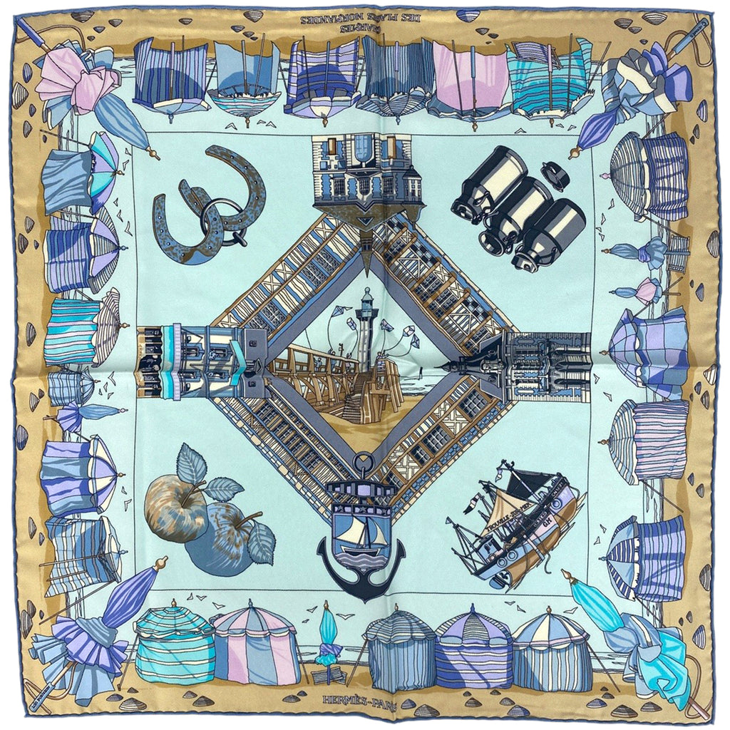 エルメス プチカレ CHARMES DES PLAGES NORMANDES ノルマンディ海岸の魅力 スカーフ シルク ブルー マルチカラー レディース 【中古】 
 ラッピング可