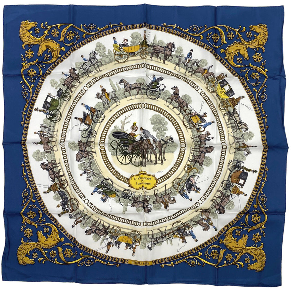 エルメス カレ 90 LA PROMENADE DE LONGCHAMPS ロンシャンへの散歩 馬車 スカーフ シルク ブルー マルチカラー レディース 【中古】 
 ラッピング可