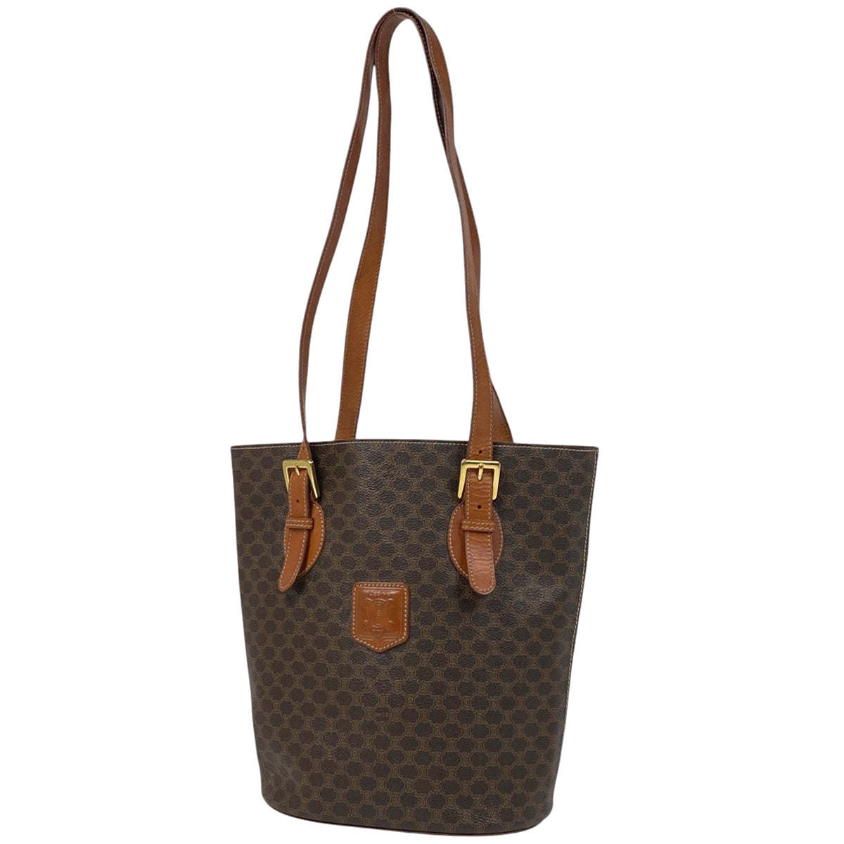 CELINE】トートバッグ マカダム柄 バケツ型 PVC 肩かけ 焦茶色