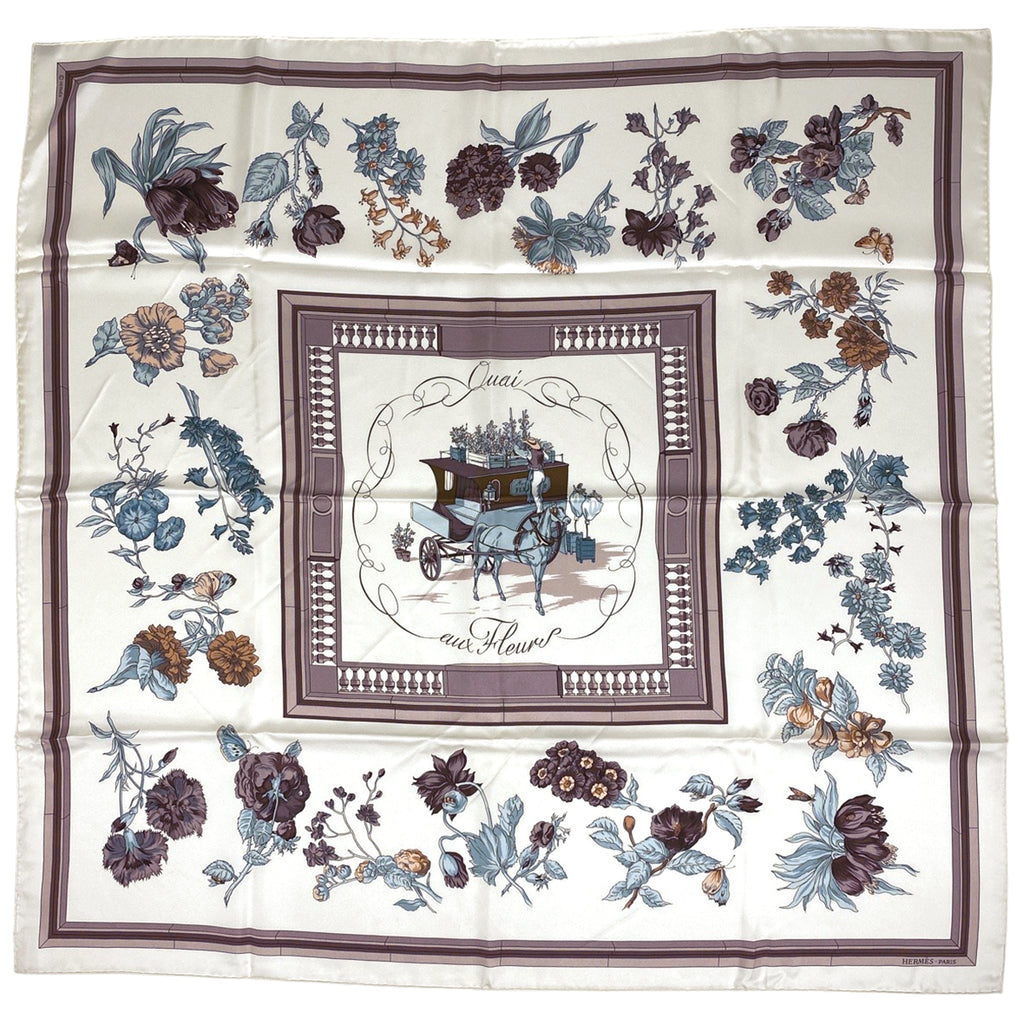 エルメス カレ 90 Quai aux Fleurs 花咲く河岸通り スカーフ シルク ホワイト マルチカラー レディース 【中古】brbag