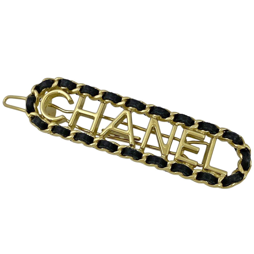 シャネル ロゴ バレッタ 髪留め 髪飾り ヘアクリップ バレッタ GP レザー ゴールド ブラック レディース 【中古】 bracc