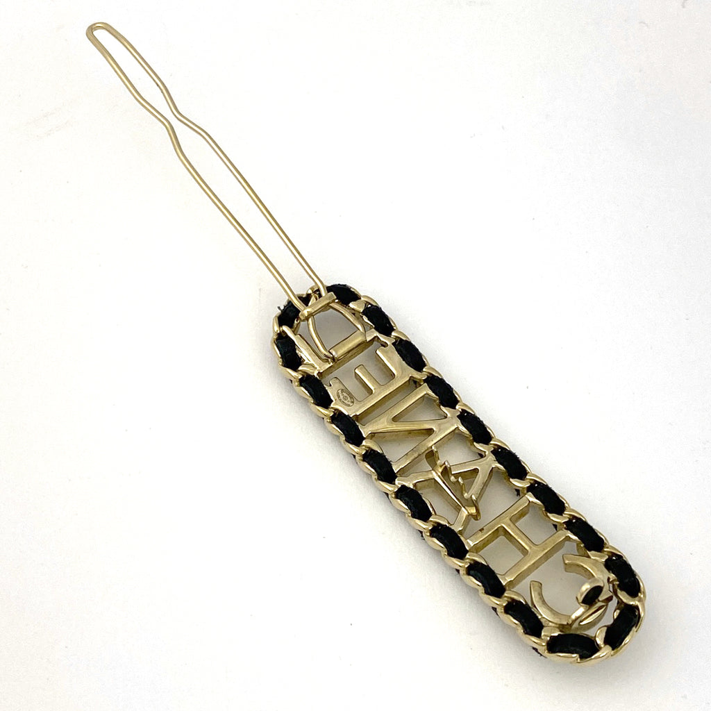 シャネル ロゴ バレッタ 髪留め 髪飾り ヘアクリップ バレッタ GP レザー ゴールド ブラック レディース 【中古】 bracc