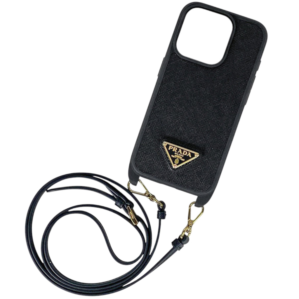 プラダ ロゴプレート スマホケース スマホカバー iPhone15 Pro 携帯電話ケース レザー ブラック レディース 【中古】brbag