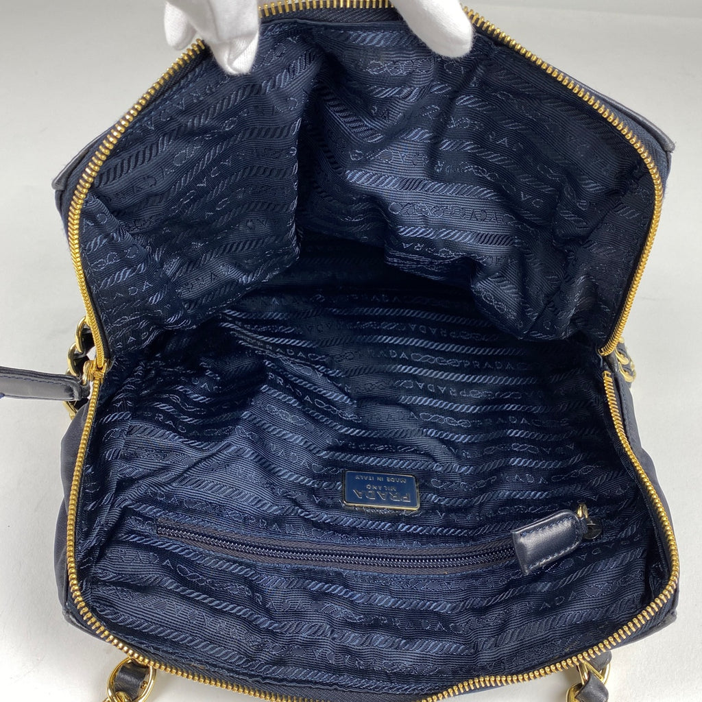 【ジャンク品】プラダ ロゴ チェーン トートバッグ 肩掛け ショルダーバッグ トートバッグ レザー ネイビー レディース 【中古】brbag