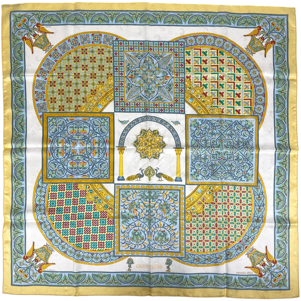 エルメス カレ 90 CIELS BYZANTINS ビザンチンの空 鳥 スカーフ シルク イエロー マルチカラー レディース 【中古】brbag