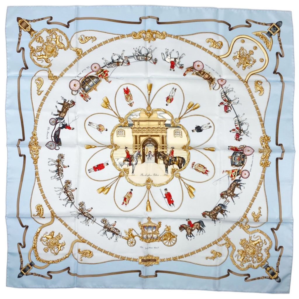エルメス カレ 90 THE ROYAL MEWS 王室の馬小屋 バッキンガム宮殿 スカーフ シルク ライトブルー マルチカラー レディース 【中古】brbag