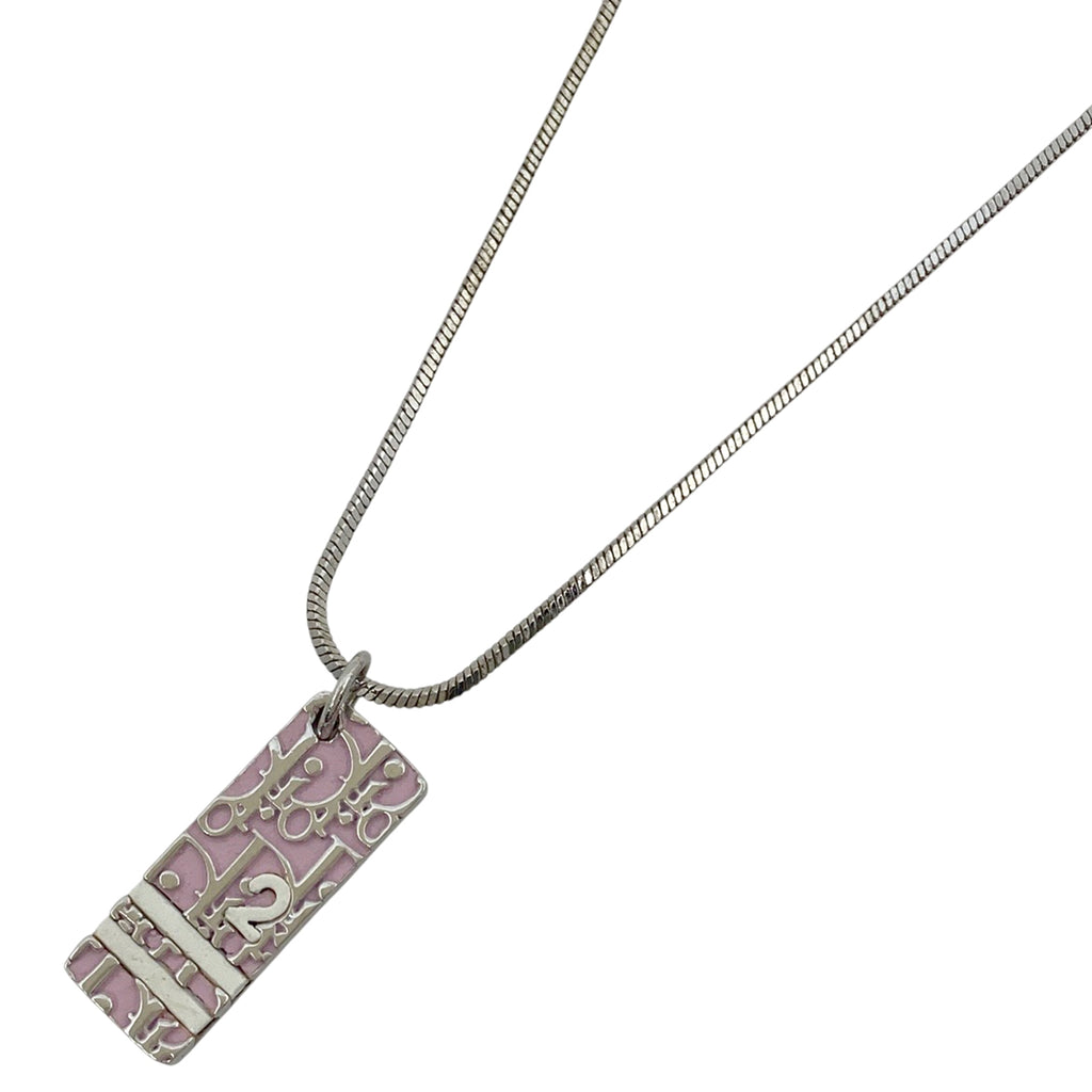 クリスチャンディオール ロゴ プレート ネックレス トロッター柄 シルバーメッキ シルバー ピンク レディース 【中古】 bracc