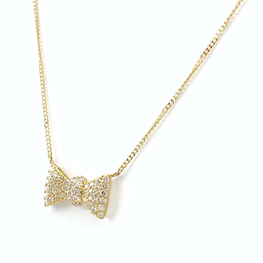 リボンモチーフ デザインネックレス YG イエローゴールド メレダイヤ ネックレス K18 ダイヤモンド レディース 【中古】nbjwl