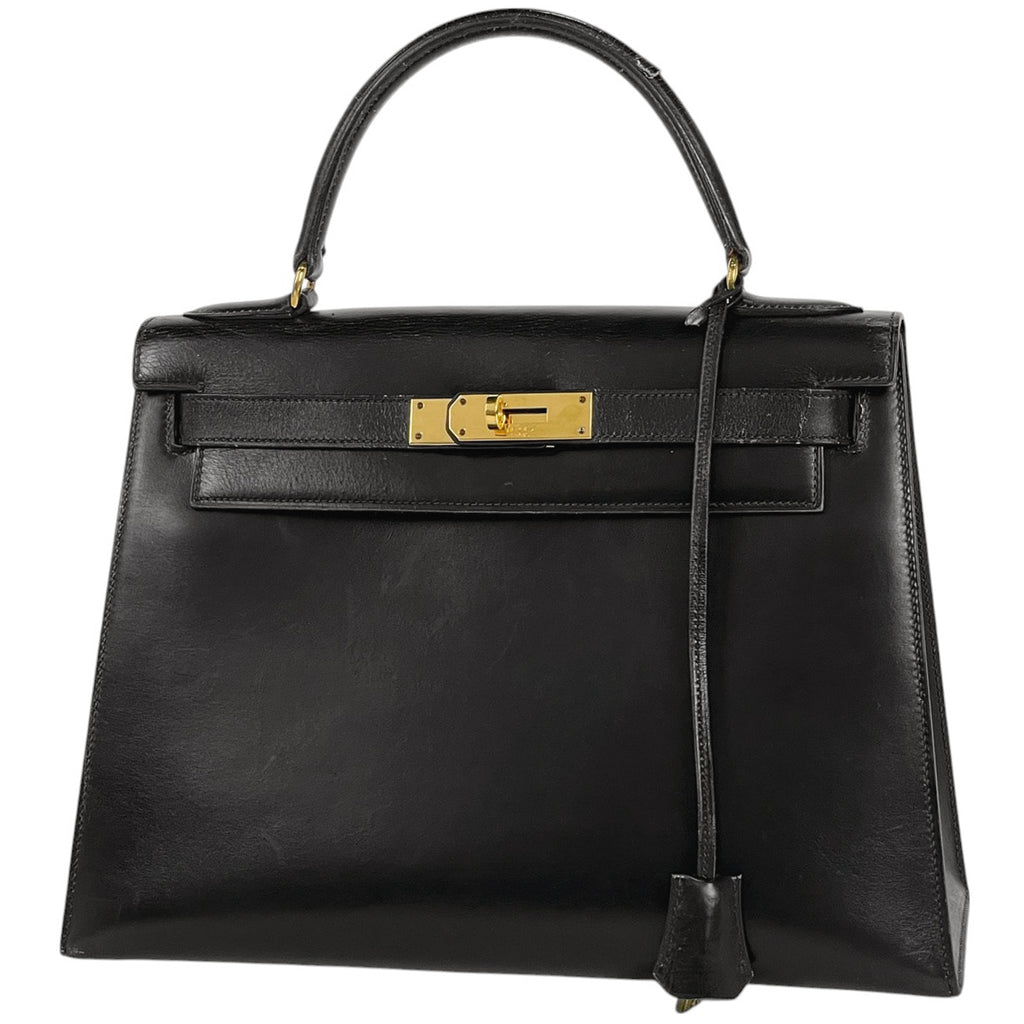 【ジャンク品】エルメス ケリー 28 外縫い ハンドバッグ ボックスカーフ ブラック 〇E レディース 【中古】brbag