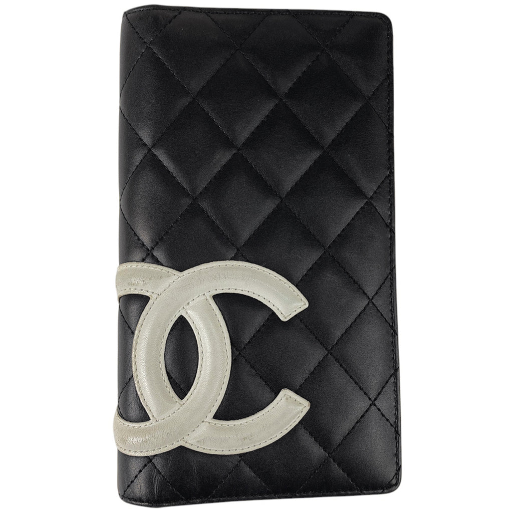 シャネル カンボンライン 二つ折り長財布 ココマーク 長財布 レザー ブラック ホワイト レディース 【中古】brbag