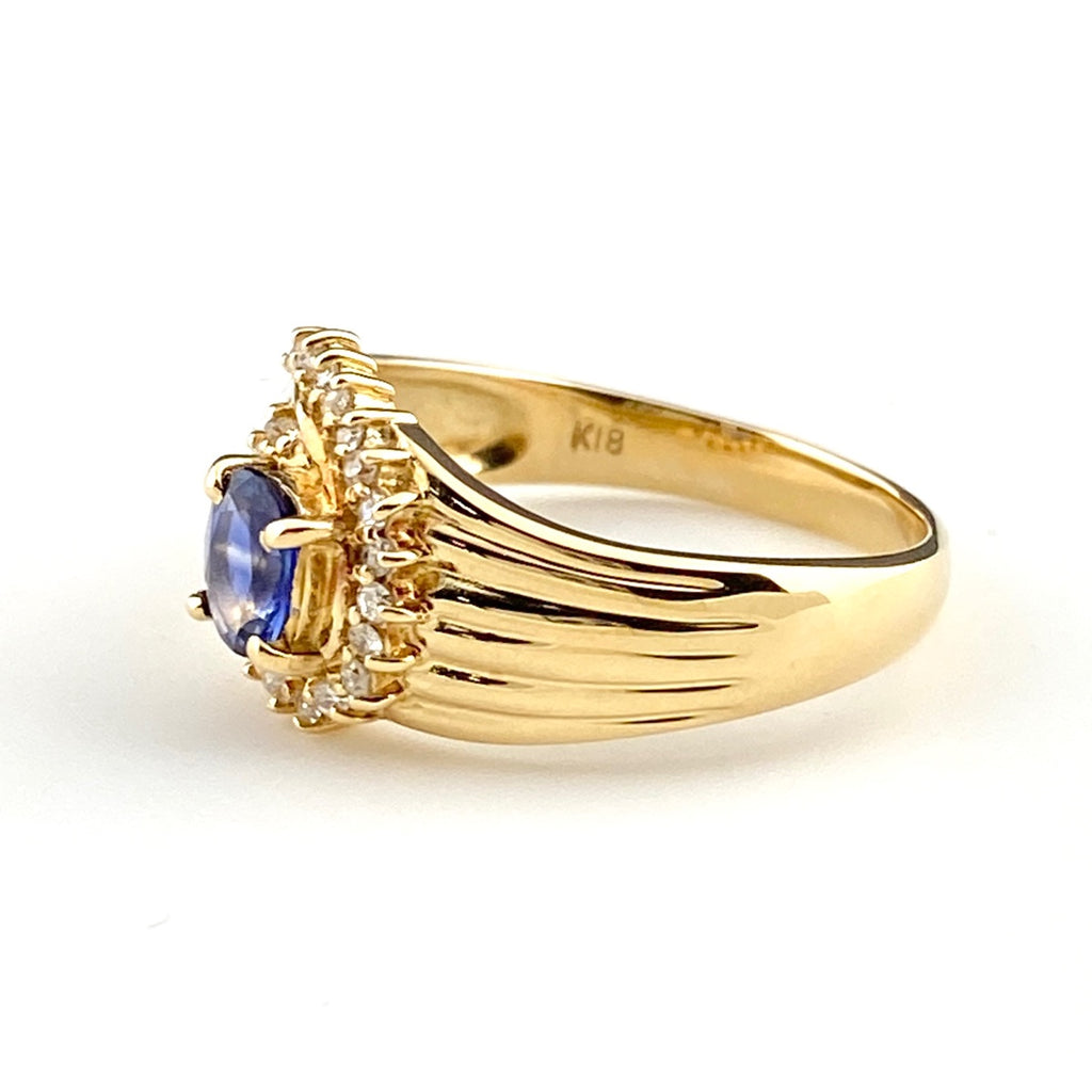 サファイア デザインリング YG イエローゴールド 指輪 リング 10号 K18 ダイヤモンド レディース 【中古】nbjwl
