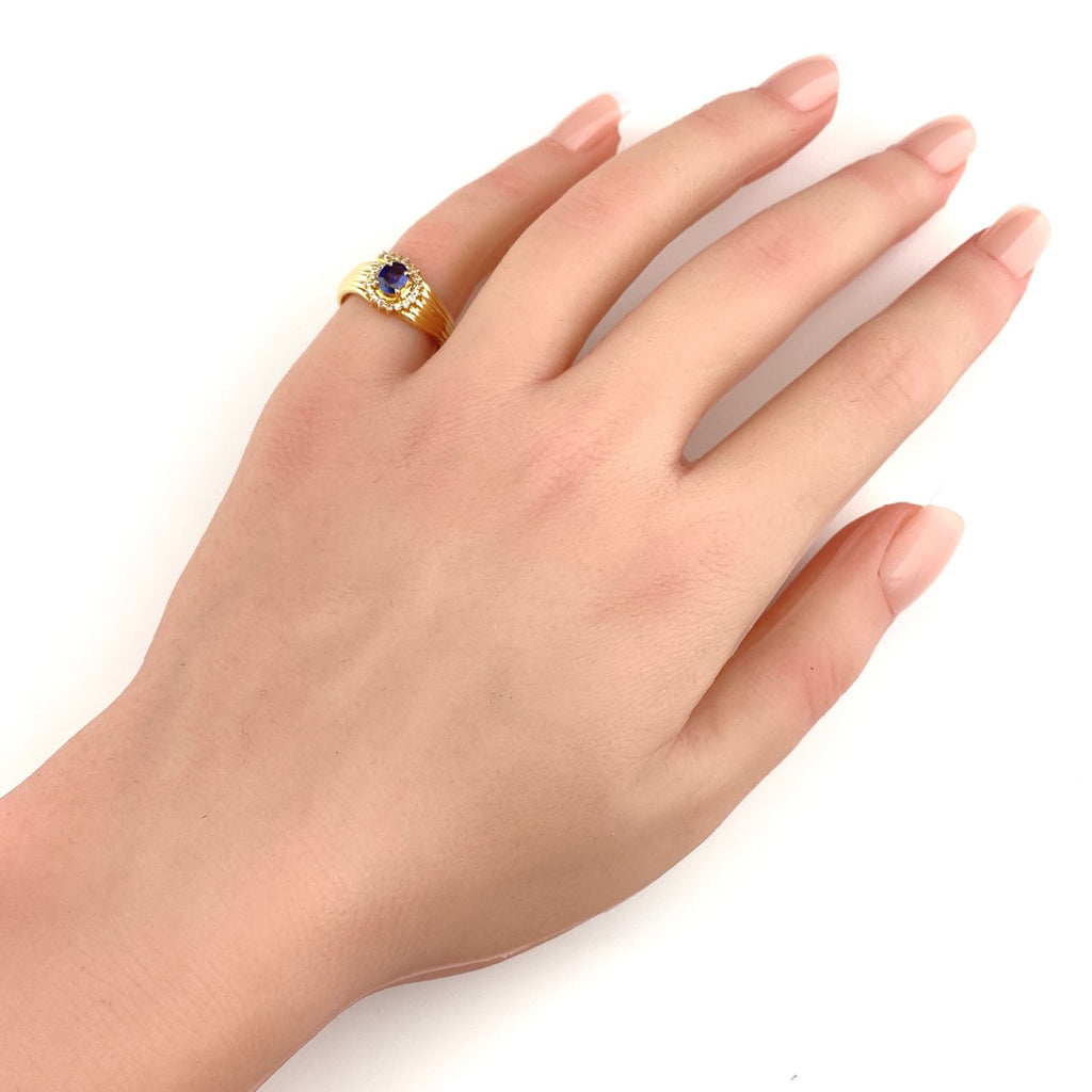 サファイア デザインリング YG イエローゴールド 指輪 リング 10号 K18 ダイヤモンド レディース 【中古】nbjwl