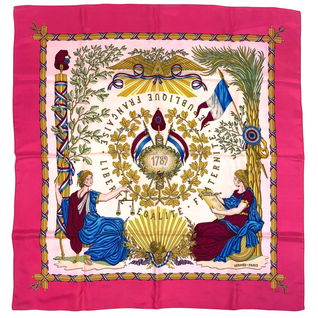 エルメス カレ 90 LIBERTE EGALITE FRATERNITE REPUBLIQUE FRANCAISE 1789 1789年フランス革命を記念して スカーフ シルク ピンク マルチカラー レディース 【中古】brbag