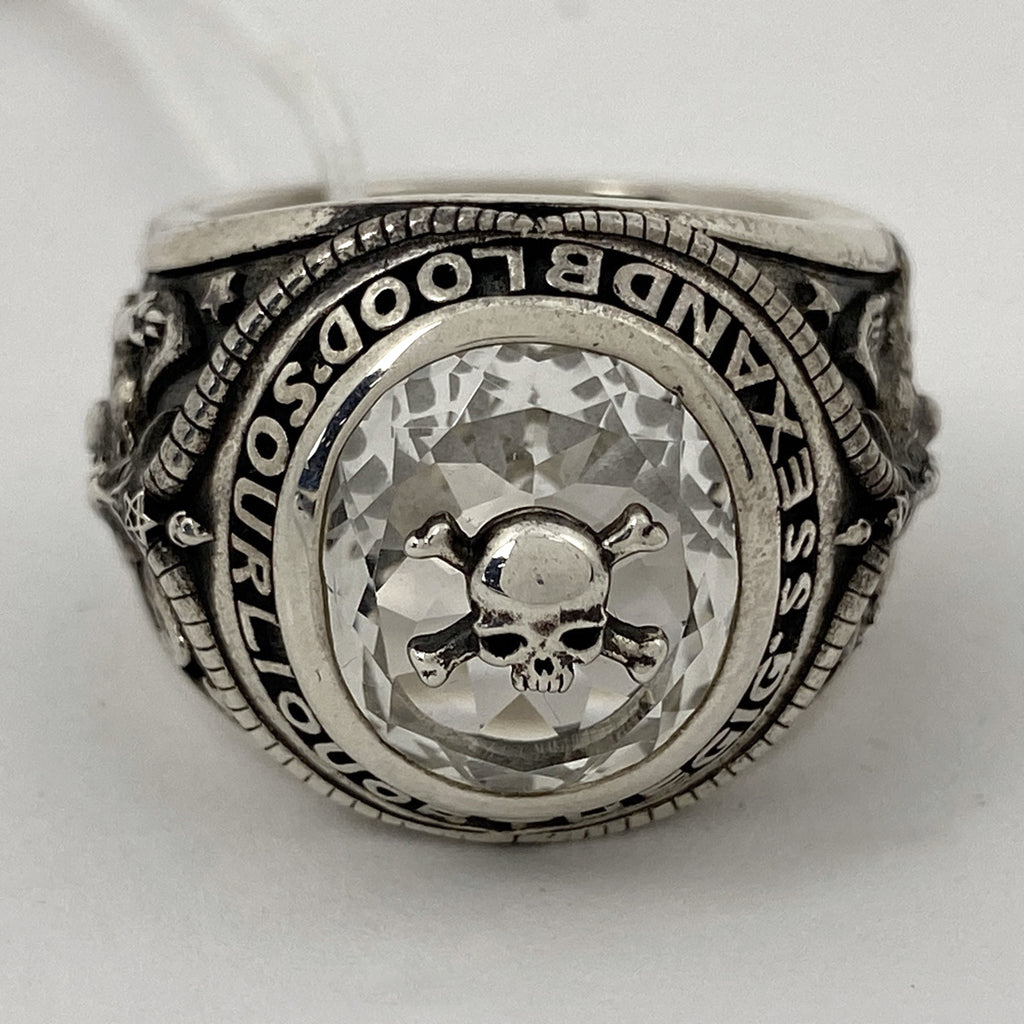 ジャスティンデイビス バフォメットモチーフ カレッジ リング  VAMPSコラボ 指輪 SEX BLOOD ROCK N' ROLL リング 14号 シルバー925 ラインストーン シルバー レディース 【中古】bracc