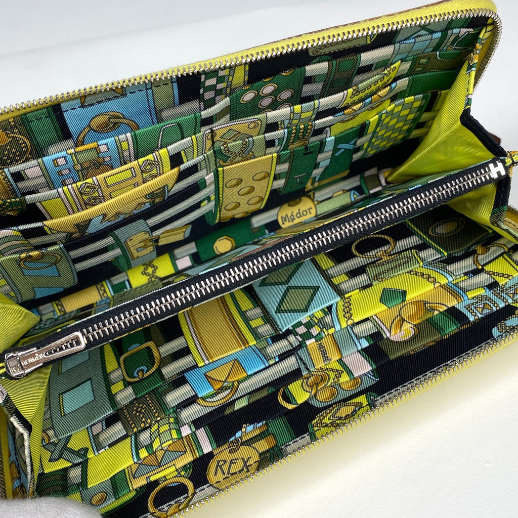エルメス アザップ ロング シルクイン ラウンドファスナー スカーフ 長財布 ヴォーエプソン ライム A レディース 【中古】brbag