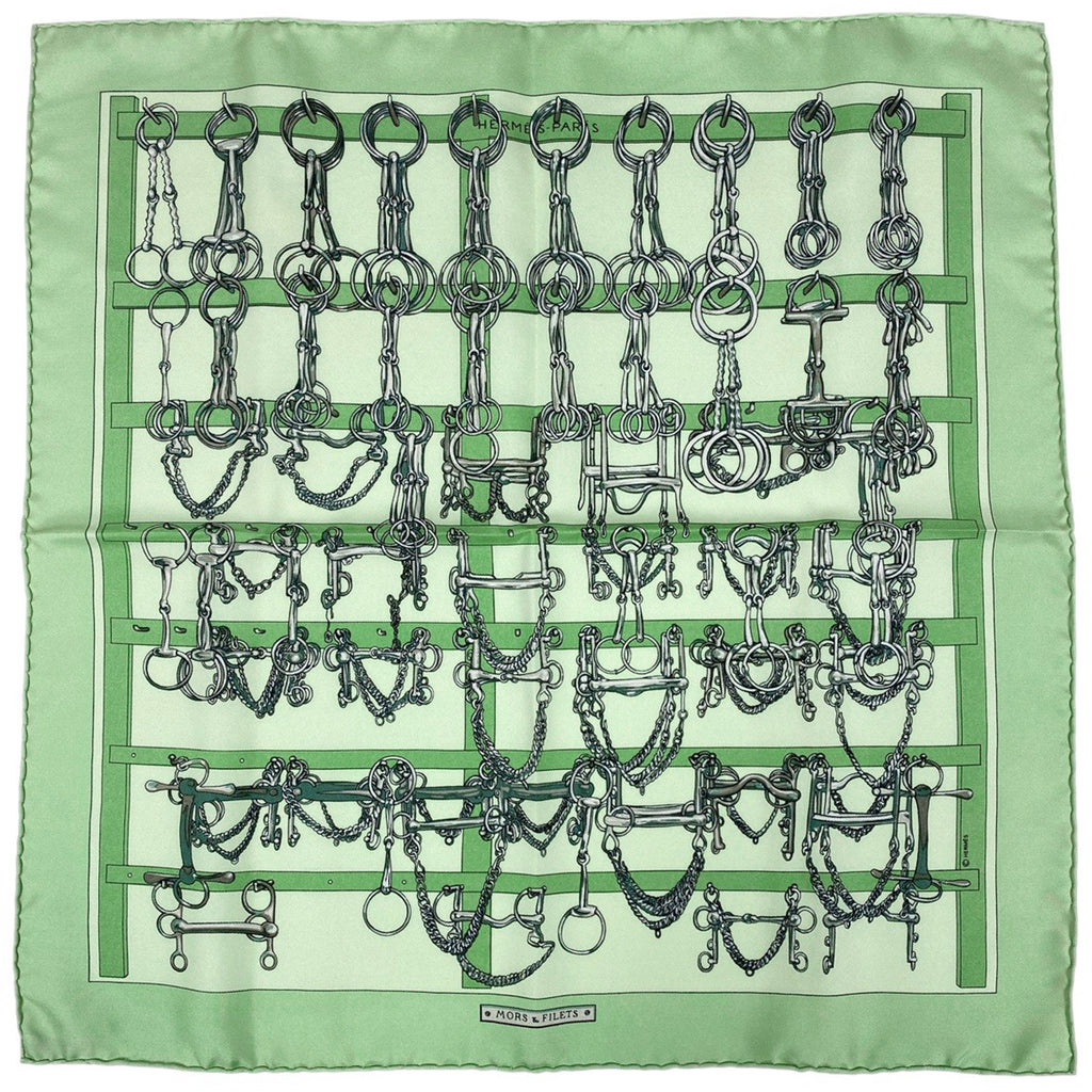 エルメス カレ 45 Mors Et Gourmettes 馬銜と鎖 スカーフ シルク ライトグリーン レディース 【中古】brbag